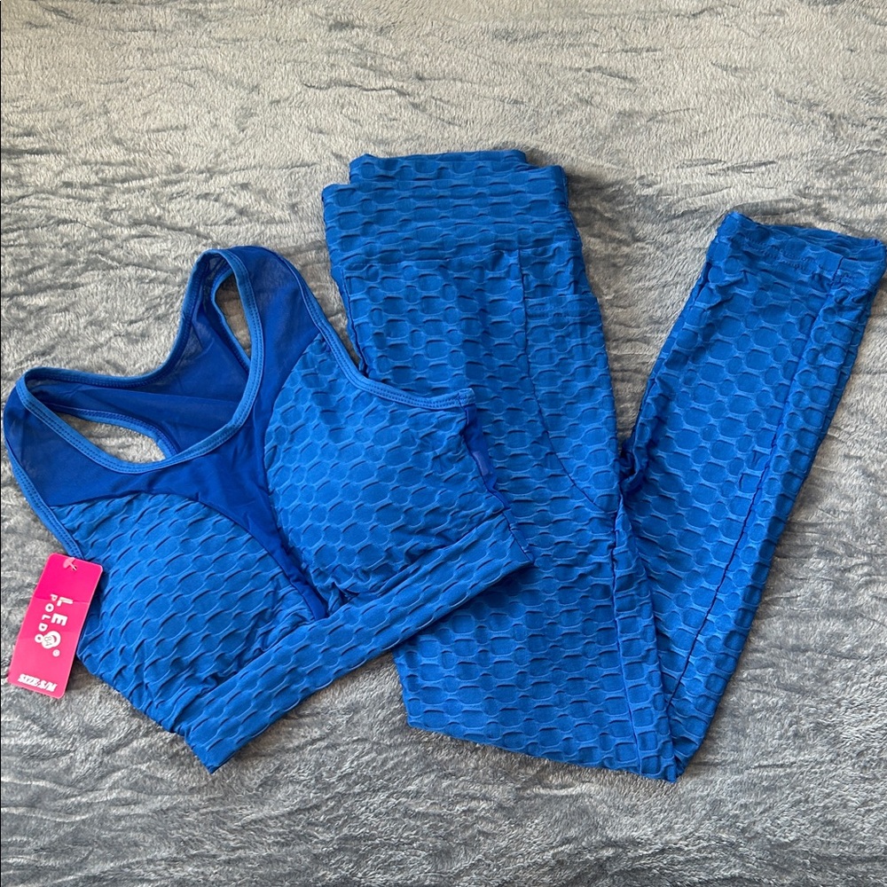 Blue Honeycomb Textured Leggings 2-Piece Set